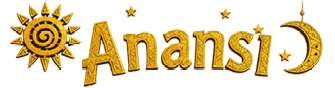 The word “Anansi" is displayed in a textured yellow font with a stylized sun on the left and a crescent moon with stars on the right against a golden background. Description generated by AI