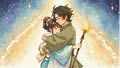 Two adults wearing traditional Japanese clothing embrace warmly with joyful expressions, one holding a star-topped staff. Description generated by AI