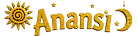 The word “Anansi" is displayed in a textured yellow font with a stylized sun on the left and a crescent moon with stars on the right against a golden background. Description generated by AI