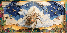 A large, intricately patterned spider hangs from a web in a colorful, layered paper-cut style sky filled with clouds, stars, birds, and plants, accompanied by text about Anansi the spider spinning a web to buy stories. Description generated by AI