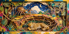 A detailed diorama shows a large spider lowering a web into a pit where a leopard is trapped, surrounded by colorful foliage under a night sky with stars and a crescent moon. Description generated by AI