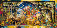 A colorful, detailed mural depicts a group of children gathered around a large chest in a lush, vibrant forest with plants and animals, with text describing Anansi returning to Earth to share stories, colors, and magic with children. Description generated by AI
