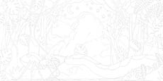 A detailed line drawing depicts a natural scene with two flamingos standing among dense tropical foliage under a sky filled with clouds, stars, and a crescent moon. Description generated by AI
