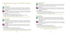 A colorful two-page spread from a book or magazine features playful handwritten and typed text with tips for parent-child activities and advice on managing stress and emotions. Description generated by AI