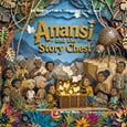 A group of children and adults sit around an open glowing chest filled with floating books while a large decorated spider watches from a rock in a colorful, leafy outdoor setting. Description generated by AI
