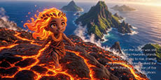 A child with fiery hair and a glowing necklace stands on a volcanic rock surrounded by lava with lush green islands and ocean in the background, accompanied by text about a powerful goddess named Pele. Description generated by AI
