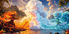 Two stylized figures with elemental powers, one fiery with flames and lava and the other watery with waves and bubbles, face each other in a dramatic clash against a sunset sky and rocky shoreline. Description generated by AI