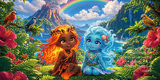 Two animated children with vibrant hair, one fiery orange and the other icy blue, sit together in a lush tropical garden with colorful birds, flowers, a rainbow, and a volcano in the background. Description generated by AI