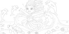 A joyful child with flowing hair is swimming underwater surrounded by dolphins, a turtle, and various fish in a lively ocean scene. Description generated by AI