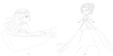 A person with long flowing hair sits in a boat on the left while another person with curly hair stands on a rocky peak on the right in a simple line drawing. Description generated by AI