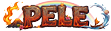 The word “PELE" is illustrated with volcanic rock textures, surrounded by flames, a rainbow, water splashes, and tropical elements in a vibrant and dynamic style. Description generated by AI