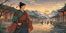 A person dressed in traditional warrior clothing stands holding a sword in a village street at sunset while several people walk away in the background and text describes a monster called Nian attacking the village annually. Description generated by AI