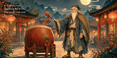 A senior person with long white hair and beard wearing traditional tattered robes prepares to strike a large decorated drum in a lantern-lit ancient village at night. Description generated by AI