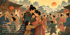 A joyful multigenerational group dressed in traditional clothing embraces and celebrates in a village decorated with red lanterns and autumn foliage under a setting sun with mountains in the background. Description generated by AI