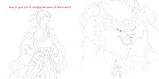 A person dressed in traditional Asian attire stands facing a large, fierce mythical lion-like creature with intricate floral patterns on its body. Description generated by AI