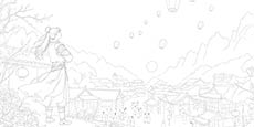 A person in traditional flowing clothing stands on a hill overlooking a village with lanterns floating in the sky and mountains in the background. Description generated by AI
