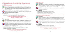 A colorful two-page spread from a parenting guide features playful handwritten and typed text with tips and suggestions for engaging children in activities like storytelling, music, and creative play. Description generated by AI