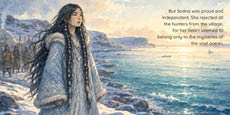 A person with long braided hair wearing a fur-lined blue garment stands on rocky shore looking toward the ocean while a group of people stand in the background, accompanied by text about Sedna's pride and independence. Description generated by AI