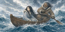 Two people with long hair wearing fur-lined clothing embrace in a small wooden boat on rough waters, with one person rowing and the other looking toward them, accompanied by text describing their reunion after a rescue. Description generated by AI