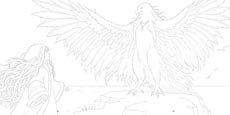 A person with long flowing hair and a robe stands on a cliff facing a large mythical bird with outstretched wings near the ocean. Description generated by AI