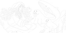 A flowing-haired person in a fur-lined hooded coat reaches out gently toward two seals and a large whale in a calm, detailed line art style. Description generated by AI