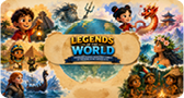 The image shows a close-up of the text “LEGENDS OF THE WORLD" with a cracked blue texture on the word "WORLD" and a golden gradient on "LEGENDS." Description generated by AI