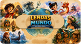 Children in colorful clothing are depicted around a globe with mythical and historical elements such as a dragon, a trident-wielding figure, ancient pyramids, and a campfire, with the text “Lendas do Mundo" prominently displayed in the center. Description generated by AI