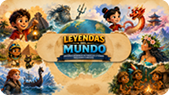 Children in various cultural and historical costumes surround a globe with the text “Leyendas del Mundo" in a colorful, animated style. Description generated by AI