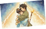 Two adults wearing traditional clothing embrace warmly with joyful expressions, one holding a star-topped staff, against a softly glowing background. Description generated by AI