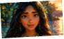 A person with long dark hair adorned with flowers and jewelry is smiling gently with a glowing sunset and water in the background. Description generated by AI