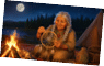 A senior with long braided hair wearing traditional clothing sits by a campfire at night holding a dreamcatcher with a full moon and forest in the background. Description generated by AI