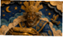 A person wearing an ornate golden crown and blue and gold robe looks surprised while holding an intricately decorated golden chest against a backdrop of stars, clouds, and a crescent moon. Description generated by AI