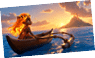 A person with glowing fiery hair and a crown made of flames sits in a wooden canoe on the ocean at sunset, looking toward a distant volcanic island. Description generated by AI