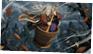 A senior person with long white hair and colorful striped clothing is paddling a wooden barrel through a windy forest with swirling leaves. Description generated by AI