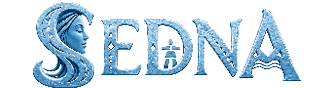 The word “SEDNA" is stylized with the letter S featuring a profile of a person with long hair, the letter D containing an Inuit inukshuk figure, and the letter A incorporating wave patterns. Description generated by AI