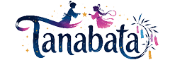 The word “Tanabata" is stylized with a flowing ribbon, stars, two figures in traditional clothing, and a bamboo branch with hanging colorful paper strips. Description generated by AI