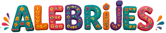 The word “ALEBRIJES" is spelled out in colorful, decorative letters adorned with various floral patterns and surrounded by small, vibrant splash-like shapes. Description generated by AI