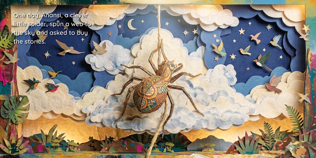 A large, intricately patterned spider hangs from a web in a colorful, layered paper-cut style sky filled with clouds, stars, birds, and plants, accompanied by text about Anansi the spider spinning a web to buy stories. Description generated by AI