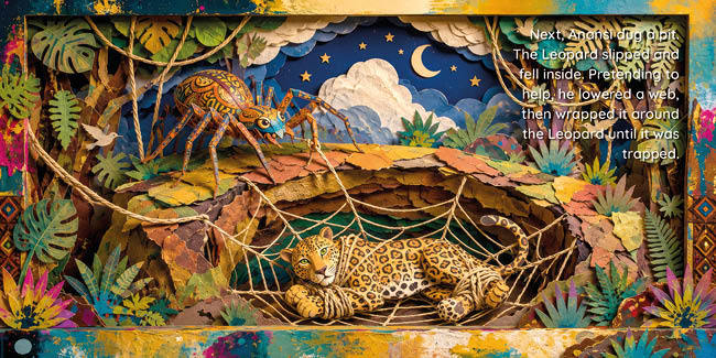 A detailed diorama shows a large spider lowering a web into a pit where a leopard is trapped, surrounded by colorful foliage under a night sky with stars and a crescent moon. Description generated by AI