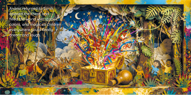 A colorful, detailed mural depicts a group of children gathered around a large chest in a lush, vibrant forest with plants and animals, with text describing Anansi returning to Earth to share stories, colors, and magic with children. Description generated by AI