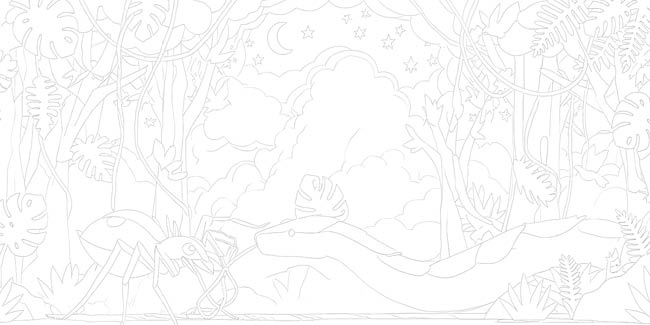 A detailed line drawing depicts a natural scene with two flamingos standing among dense tropical foliage under a sky filled with clouds, stars, and a crescent moon. Description generated by AI
