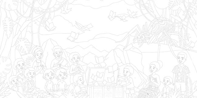 A group of people of various ages are gathered outdoors around a table with a laptop, surrounded by trees, mountains, and birds flying in the sky. Description generated by AI
