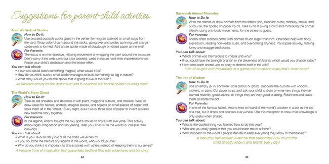 A colorful two-page spread from a book or magazine features playful handwritten and typed text with tips for parent-child activities and advice on managing stress and emotions. Description generated by AI