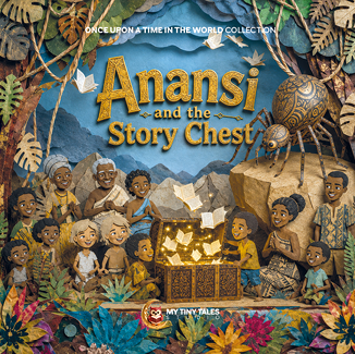 A group of children and adults sit around an open glowing chest filled with floating books while a large decorated spider watches from a rock in a colorful, leafy outdoor setting. Description generated by AI