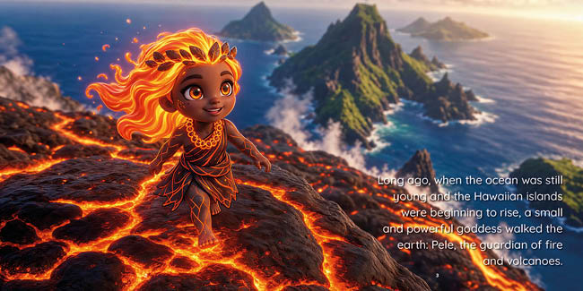 A child with fiery hair and a glowing necklace stands on a volcanic rock surrounded by lava with lush green islands and ocean in the background, accompanied by text about a powerful goddess named Pele. Description generated by AI