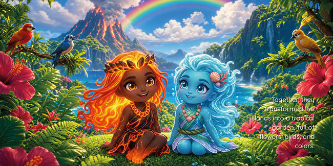 Two animated children with vibrant hair, one fiery orange and the other icy blue, sit together in a lush tropical garden with colorful birds, flowers, a rainbow, and a volcano in the background. Description generated by AI
