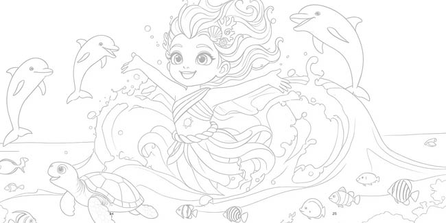 A joyful child with flowing hair is swimming underwater surrounded by dolphins, a turtle, and various fish in a lively ocean scene. Description generated by AI