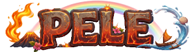 The word “PELE" is illustrated with volcanic rock textures, surrounded by flames, a rainbow, water splashes, and tropical elements in a vibrant and dynamic style. Description generated by AI