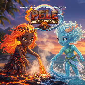 Two animated characters with fiery and watery hair respectively are kneeling and touching molten lava and water in a volcanic landscape with a sunset sky, promoting “Pele and the Volcano" from the Once Upon a Time in the World Collection. Description generated by AI