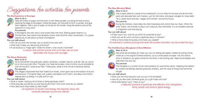 A colorful two-page spread from a parenting guide features playful handwritten and typed text with tips and suggestions for engaging children in activities like storytelling, music, and creative play. Description generated by AI